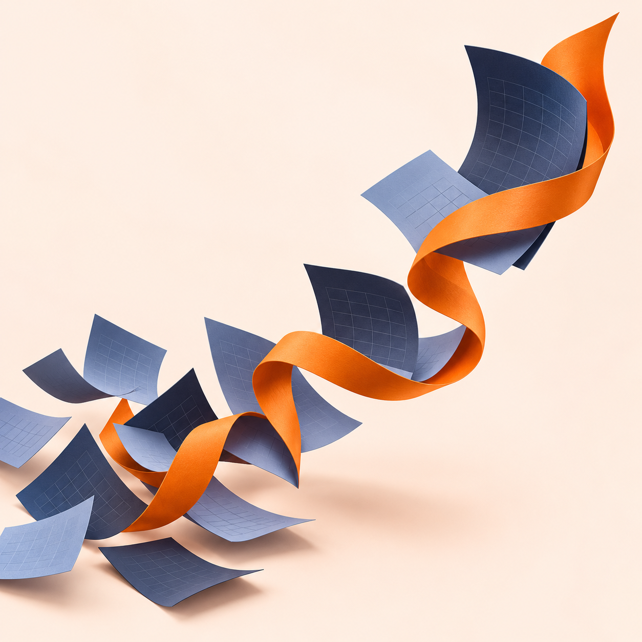 An orange ribbon brings scattered blue sheets into one connected flow